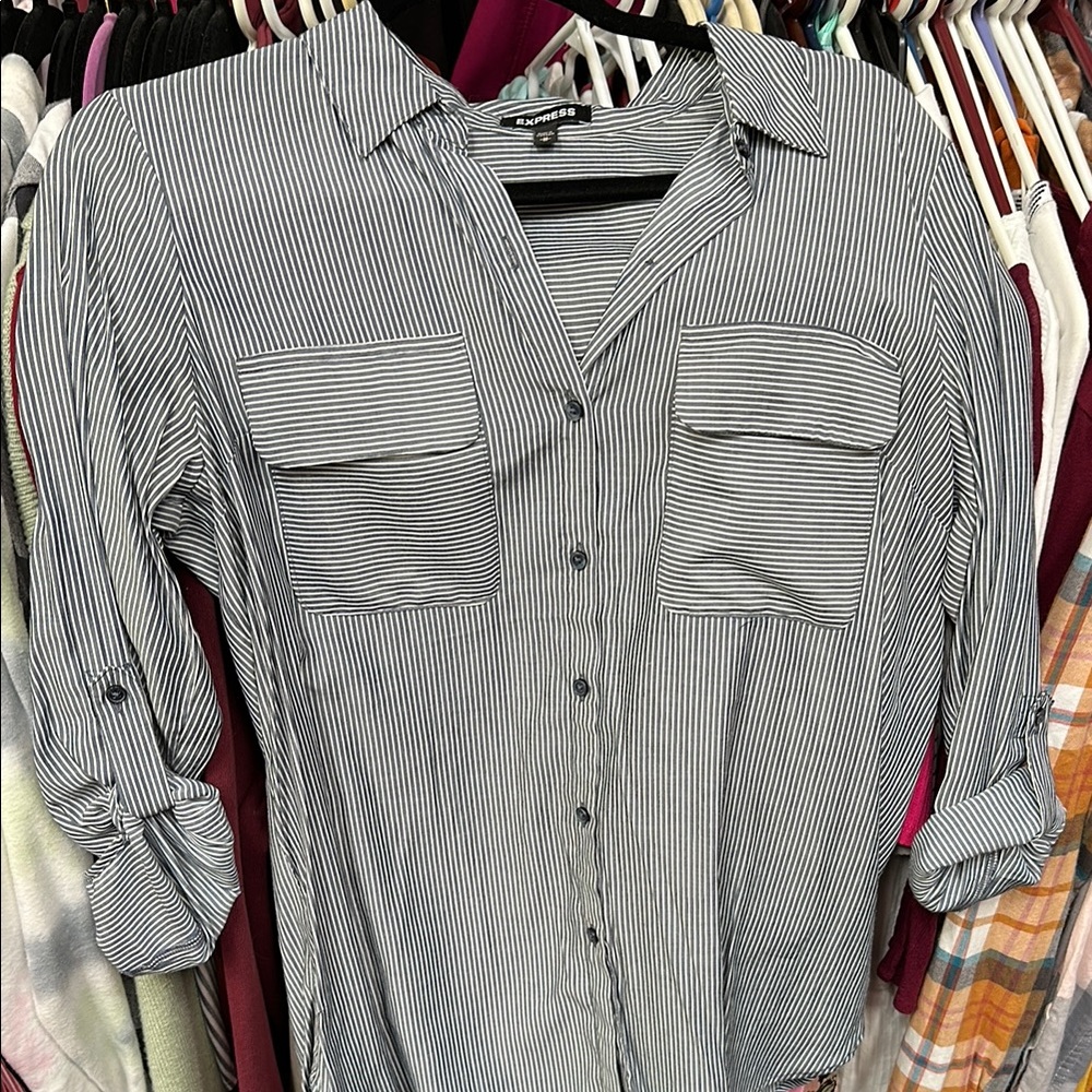Express Women's Black and White Striped Button Down Shirt
